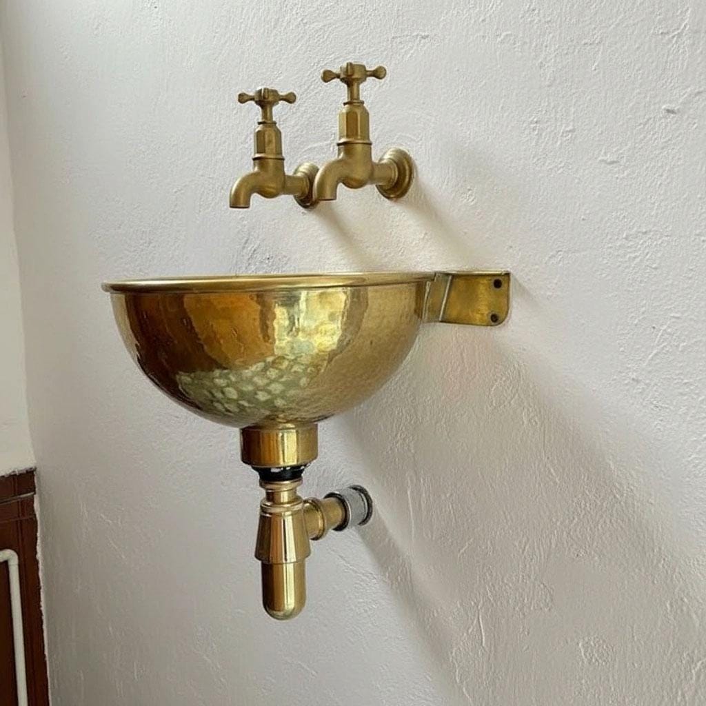 Handmade hammered brass wall-mounted sink with exposed brass drain and rustic vintage finish.