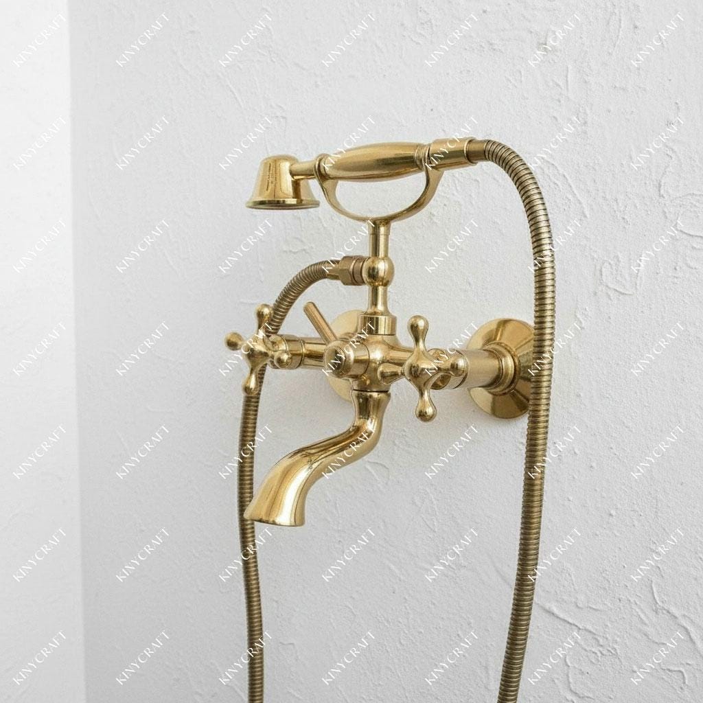Classic wall mounted brass bath faucet with cross handles and hand shower