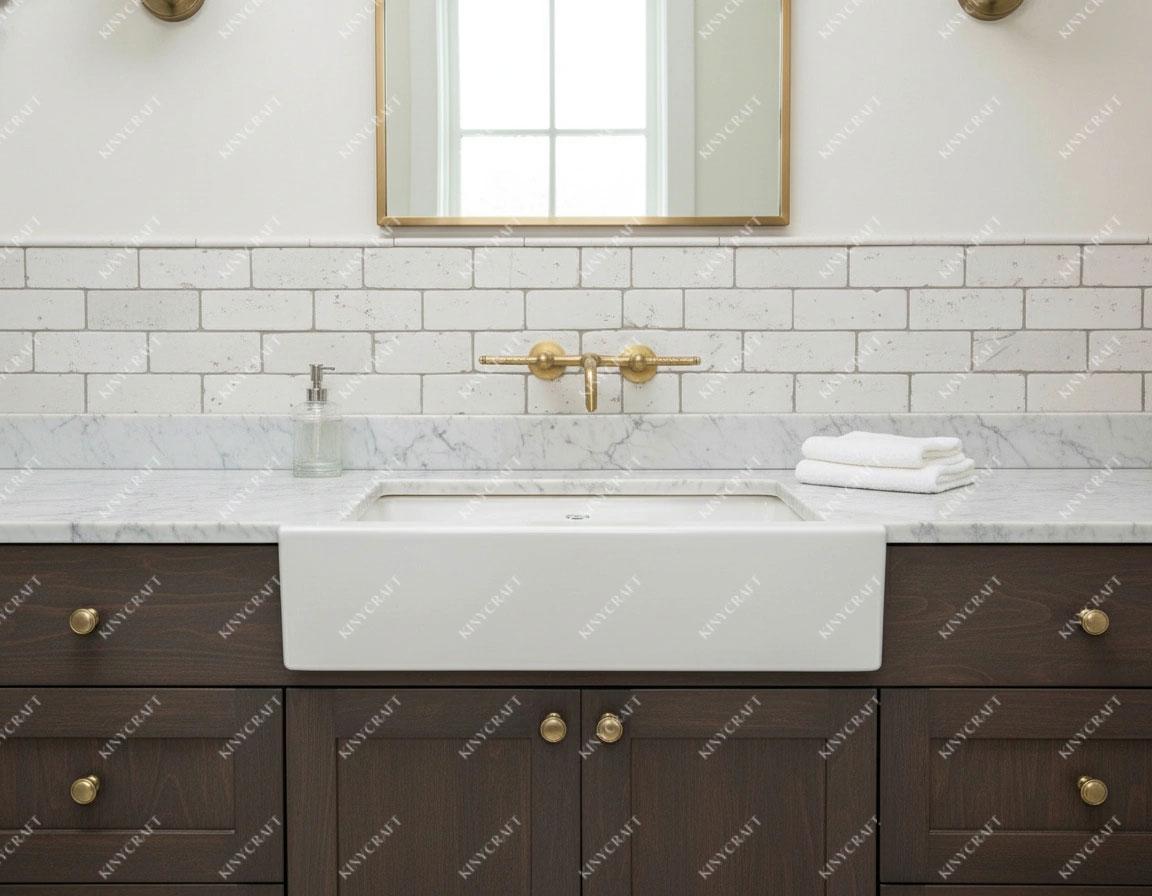 Luxury unlacquered brass bathroom faucet installed above a marble vanity.