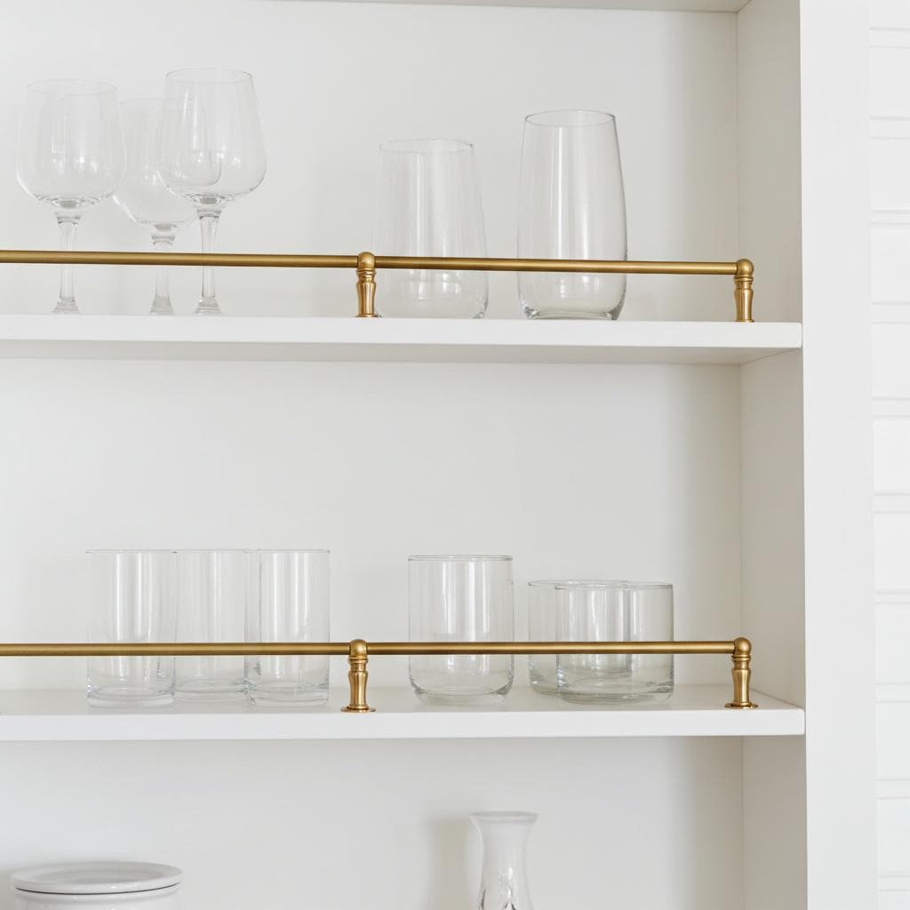Single unlacquered brass shelf rail installed on a white open kitchen shelf.