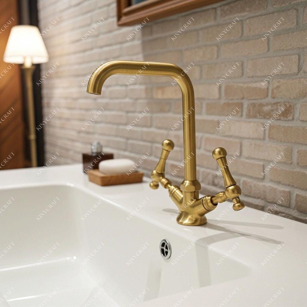 Solid brass bathroom sink faucet with high square spout and vintage cross lever handles