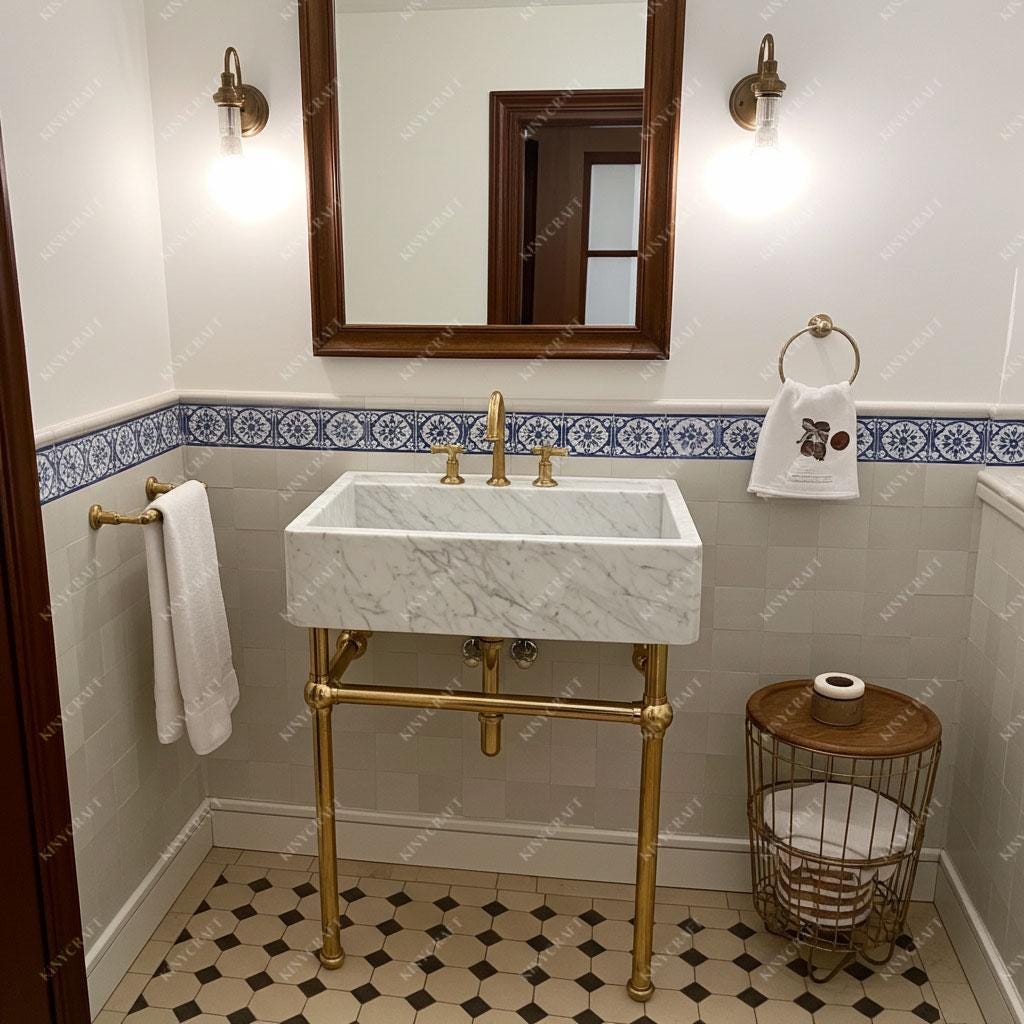 Wall-supported solid brass sink stand for luxury bathroom vanities.