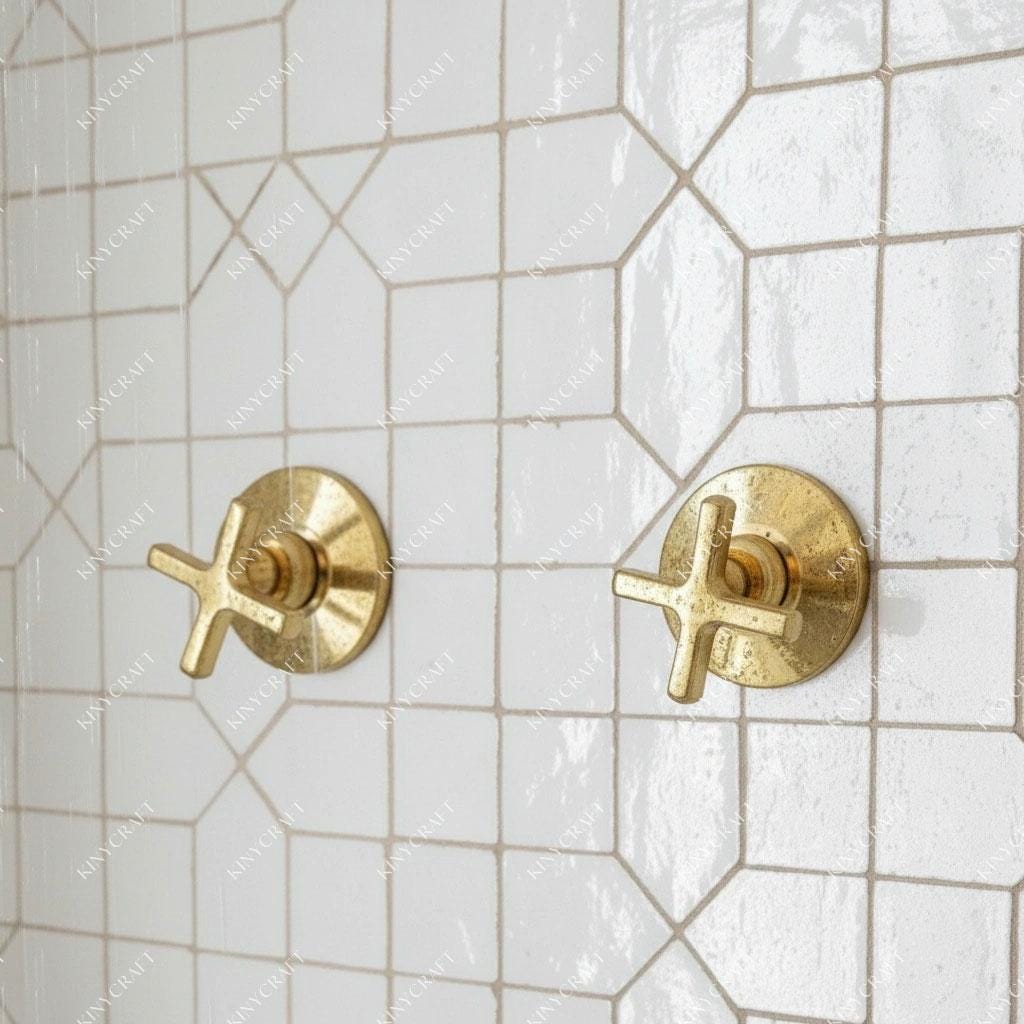 Traditional unlacquered brass shower fixture with overhead rain shower and cross controls