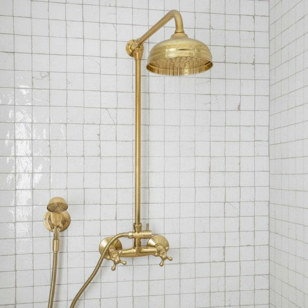 Unlacquered brass exposed shower system with rain shower head and handheld sprayer