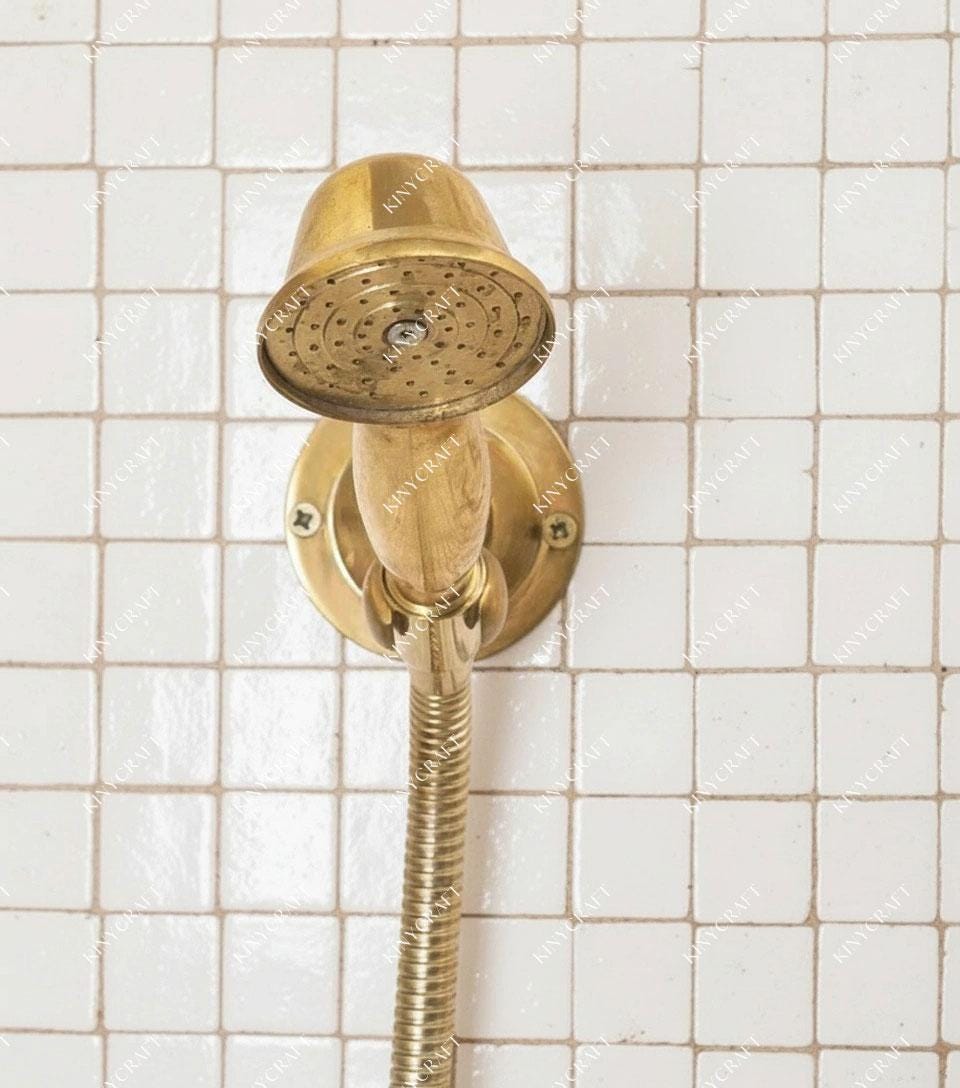 Traditional unlacquered brass exposed shower fixture for farmhouse bathroom