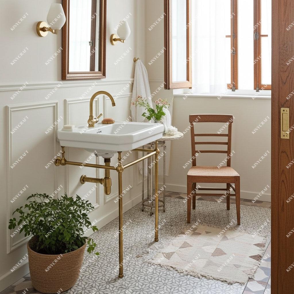Handmade solid brass vanity stand legs for a wall-hung ceramic sink.