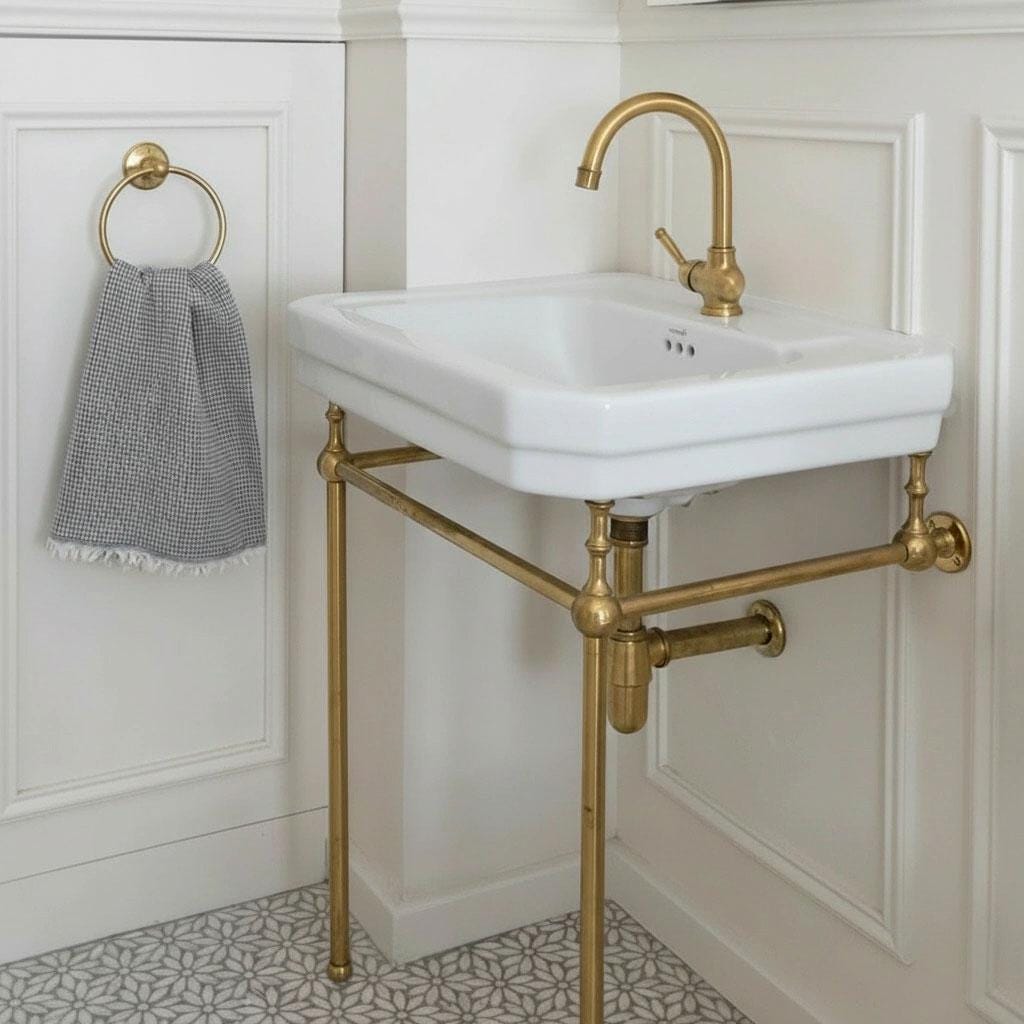 Solid brass bathroom vanity stand legs for console sink installation.