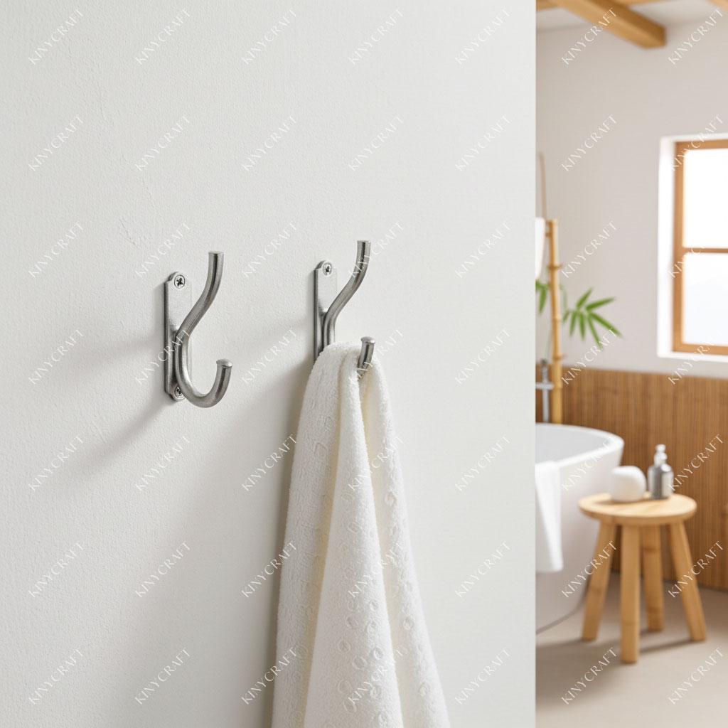 Polished chrome double coat hook for towels, robes, and handbags.
