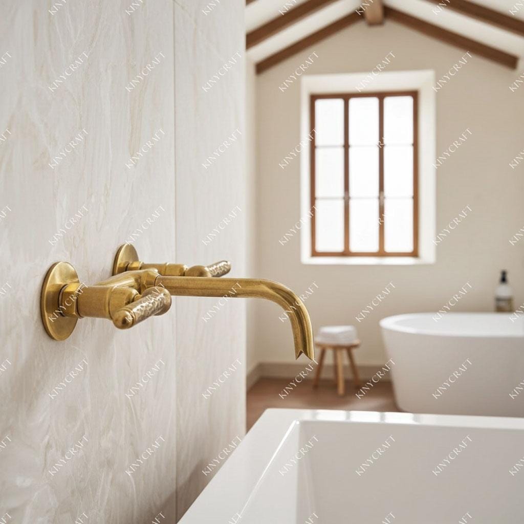 Solid brass wall-mounted sink faucet with curved spout and textured lever handles.