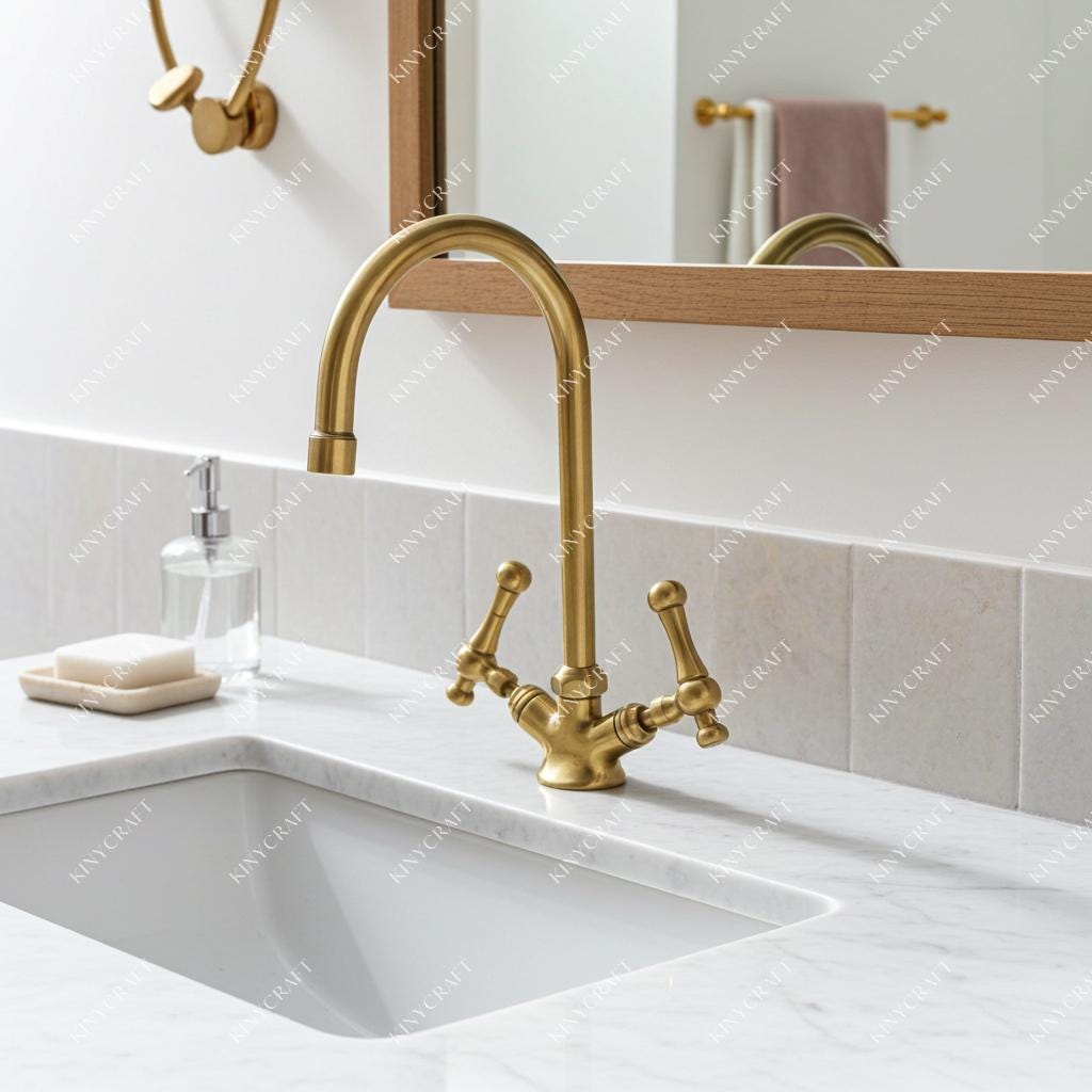Bridge-style brass bathroom sink faucet with vintage cross handles.