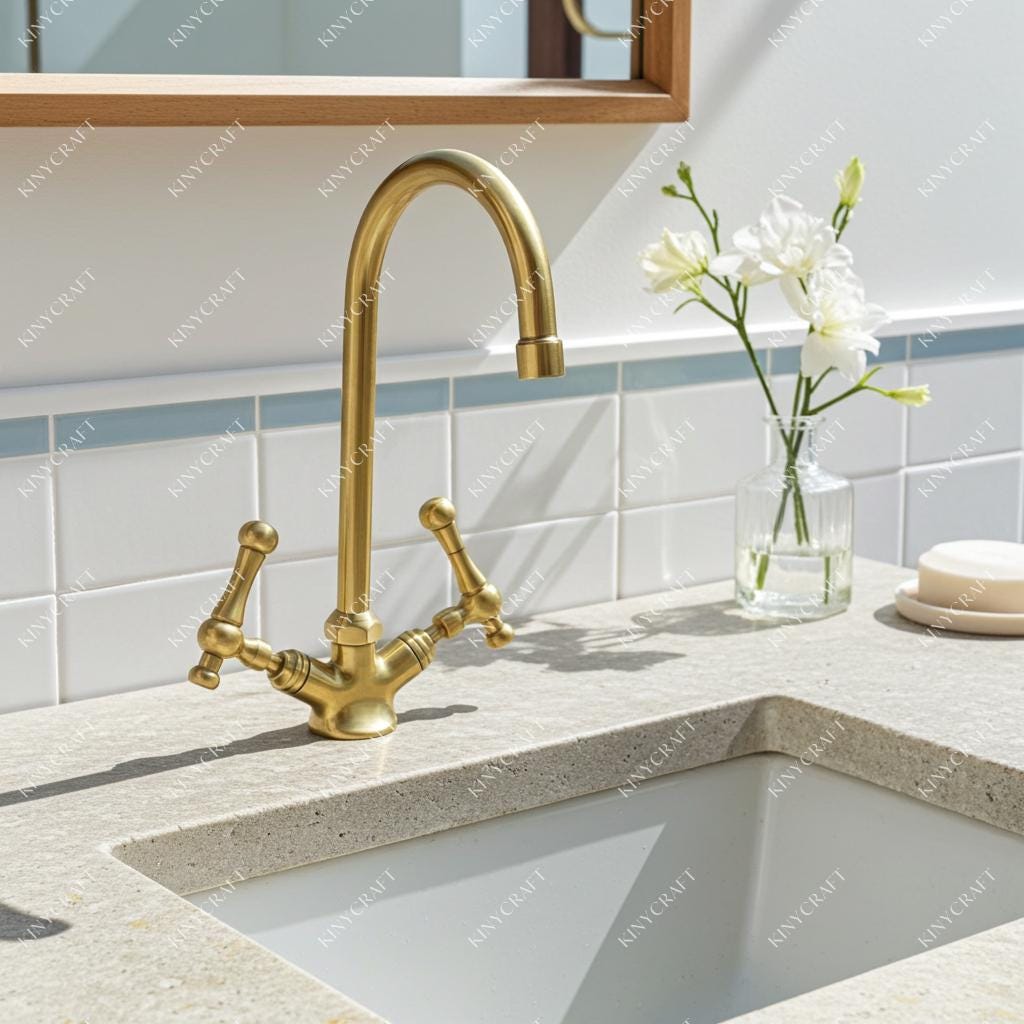 Handmade brass bathroom faucet with cross handles and bridge design for a luxury sink.