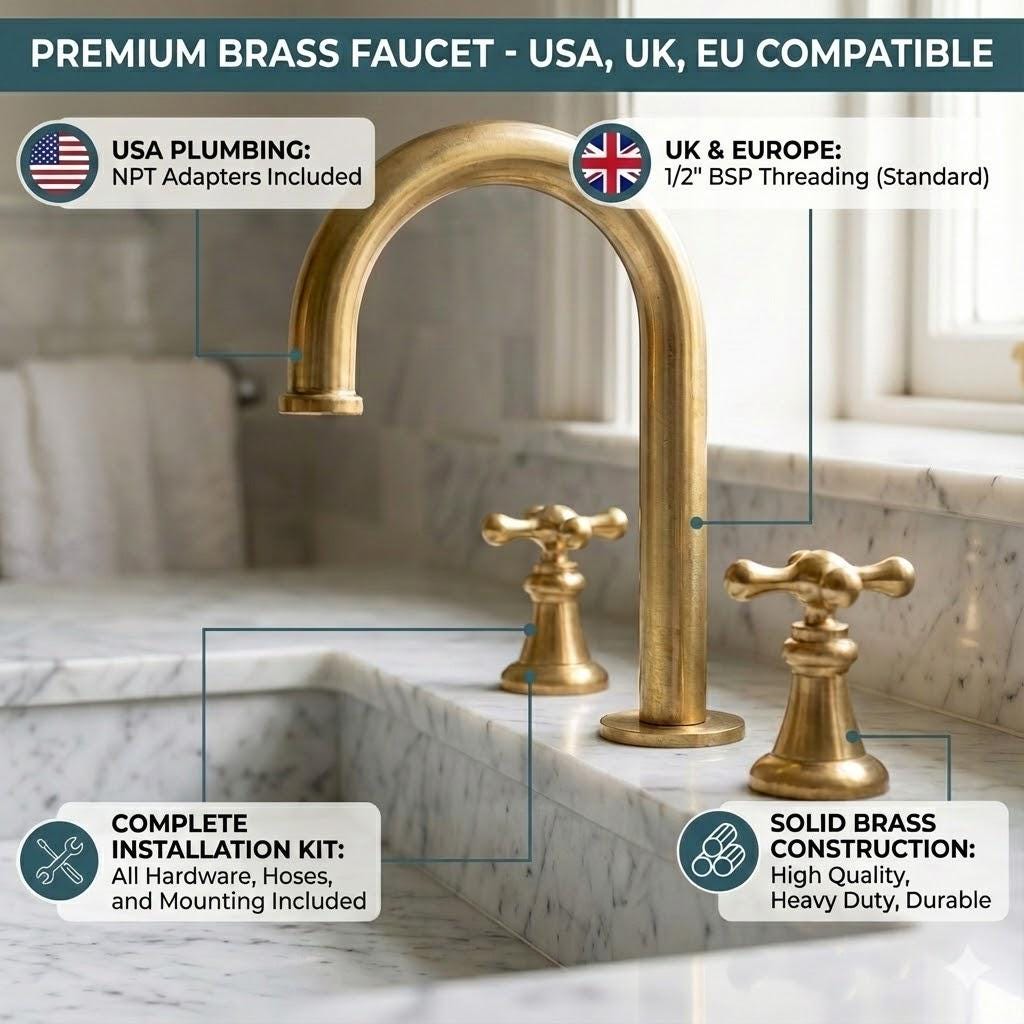 Solid brass three hole bathroom sink faucet with cross handles