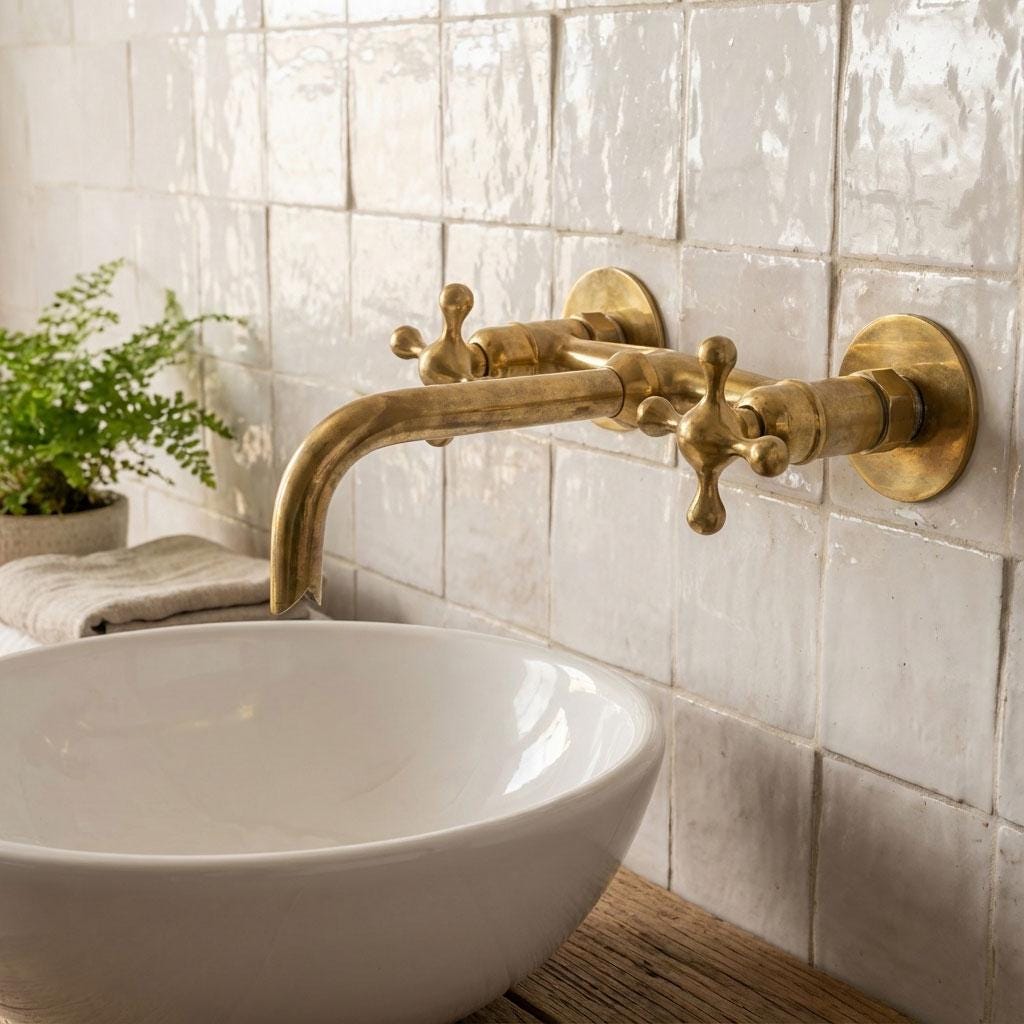 Traditional unlacquered brass wall faucet for farmhouse bathroom sink