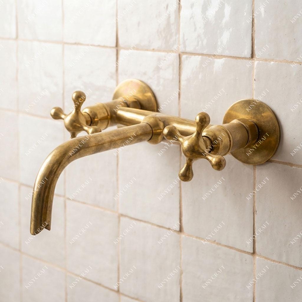 Rustic brass wall mounted bathroom mixer tap with cross handles