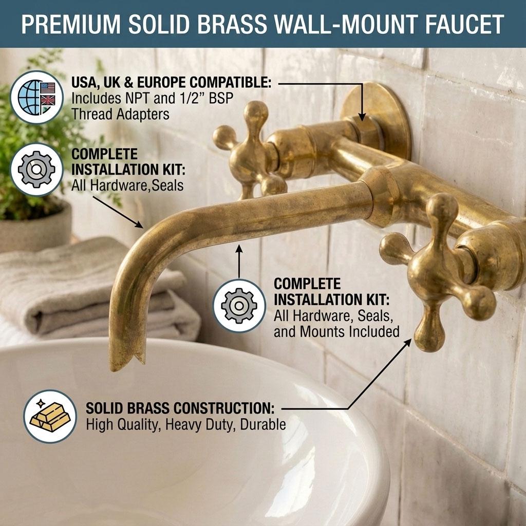 Vintage solid brass wall mount sink faucet for vessel basin
