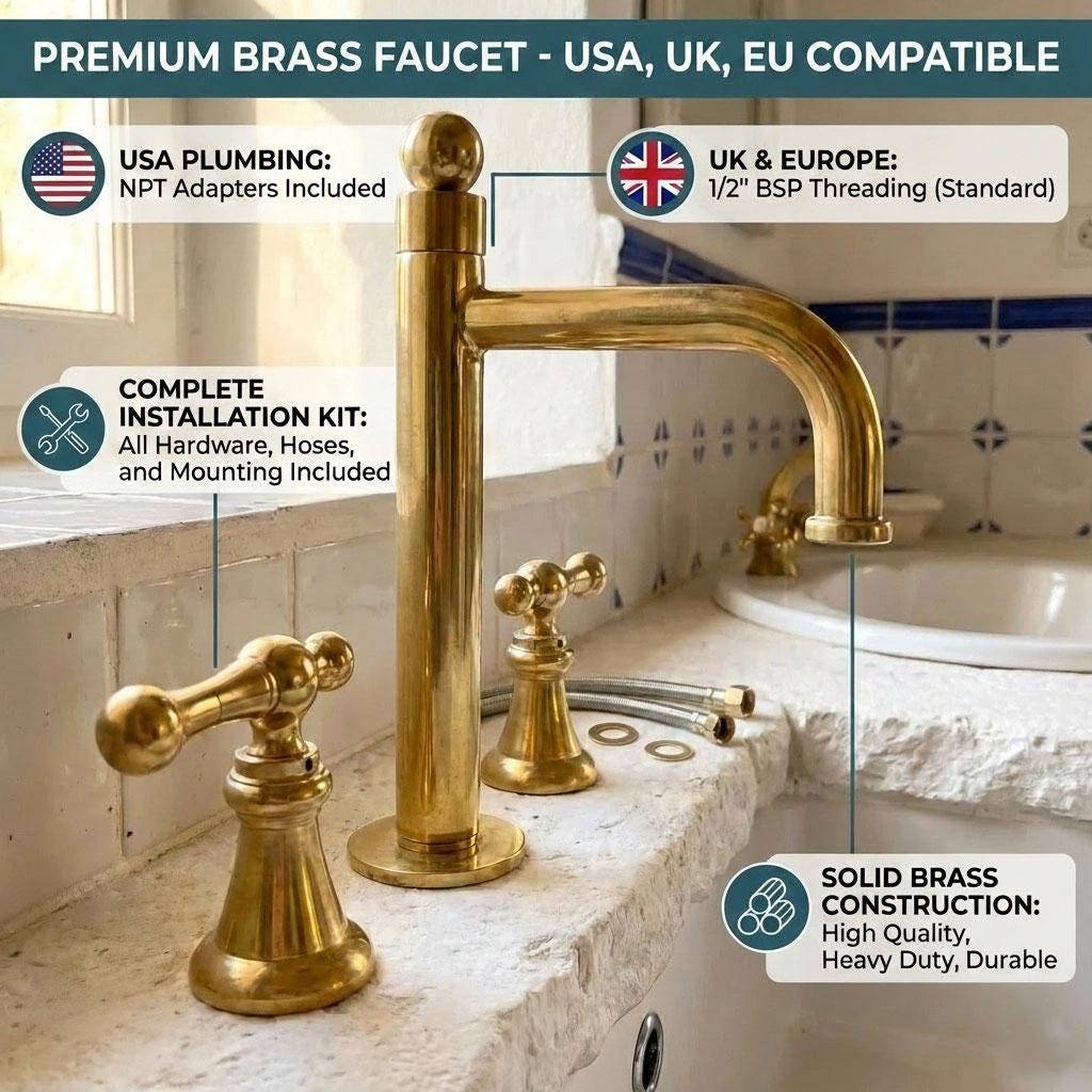 Solid brass three-hole bathroom faucet with cylindrical spout and living brass finish