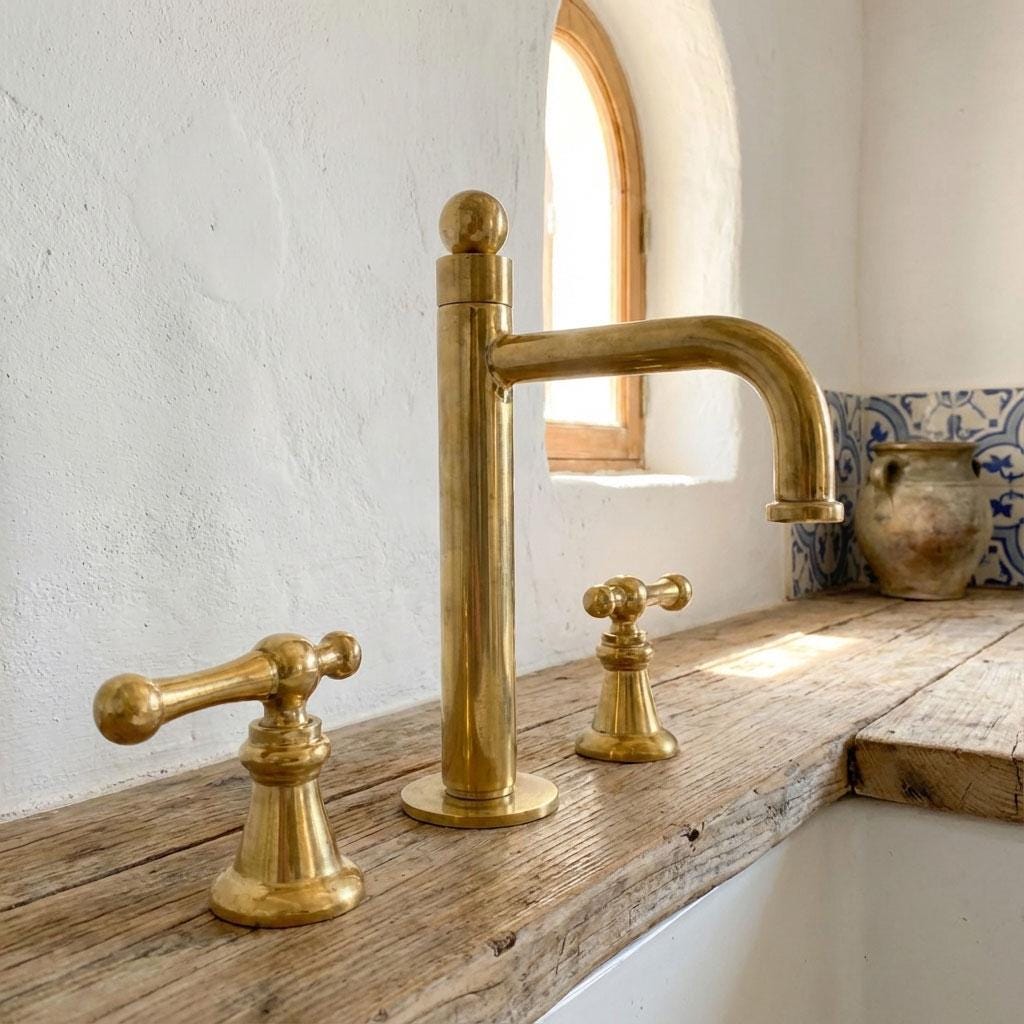 Unlacquered brass widespread bathroom faucet with cross handles on a rustic wood vanity.