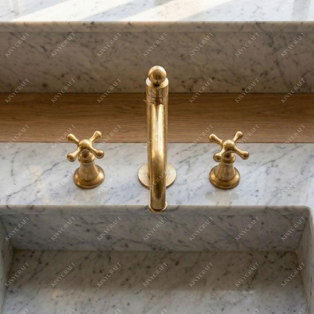 Vintage style unlacquered brass bathroom mixer tap with dual handles