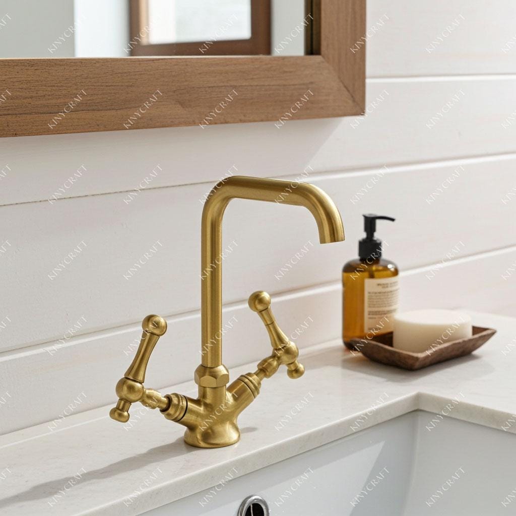 Traditional unlacquered brass vanity faucet for farmhouse and classic bathrooms