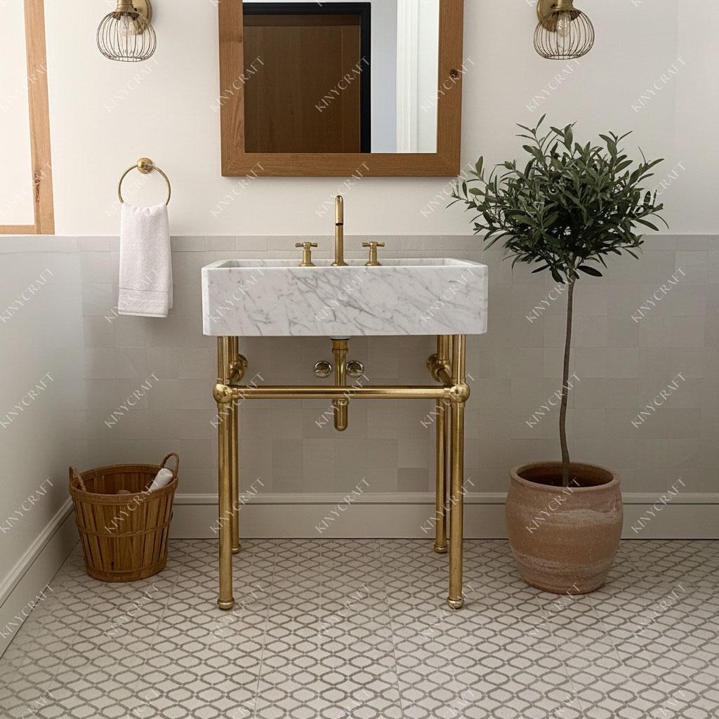Traditional brass console vanity base designed for a bathroom sink installation.