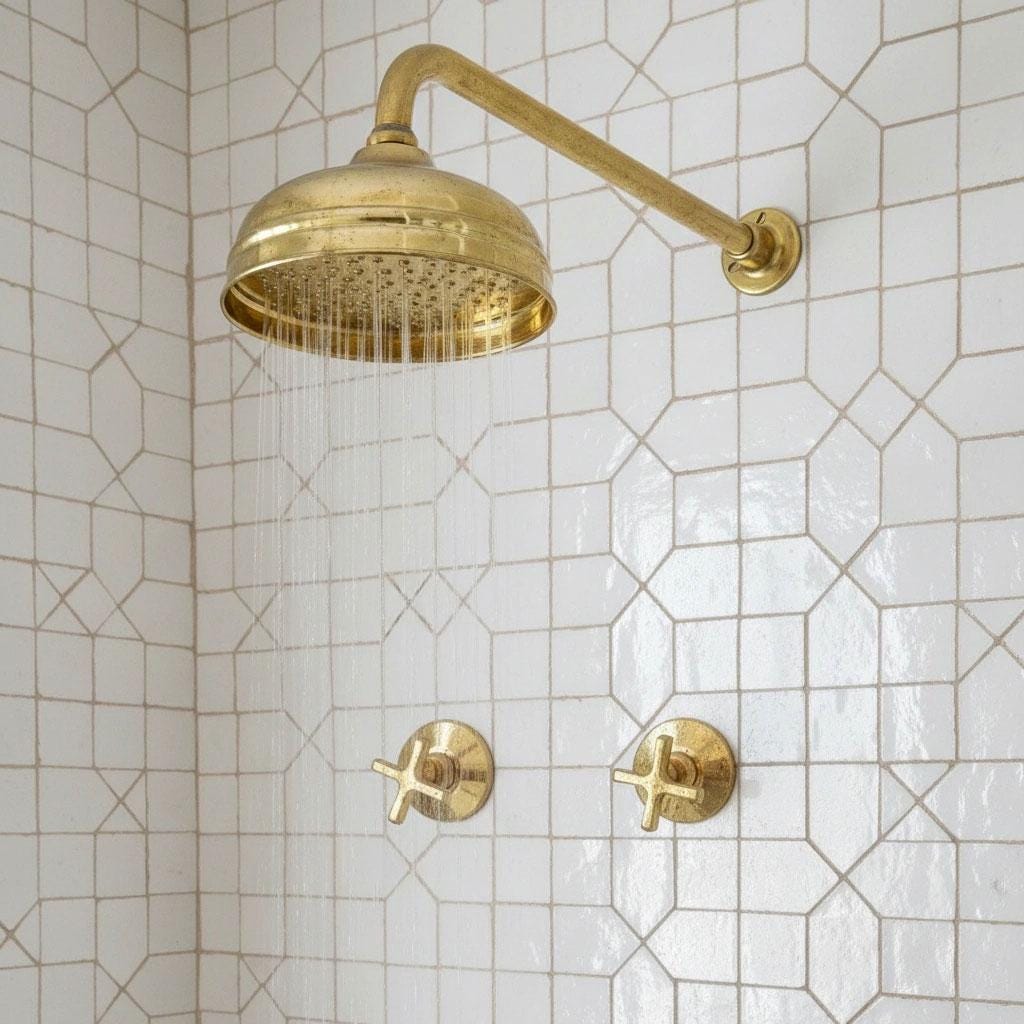 Unlacquered brass wall mounted rain shower head with dual valve controls