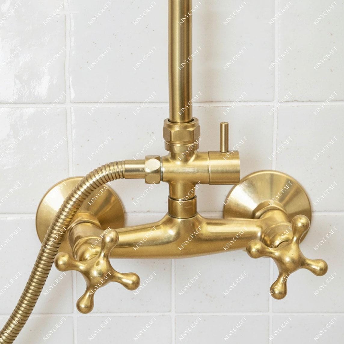 Solid brass exposed shower set with rainfall head, cross handles, and handheld shower sprayer