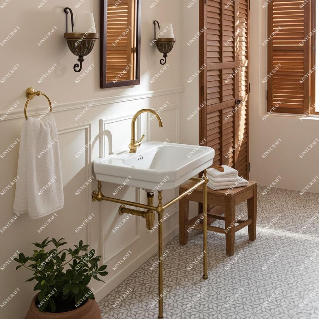 Traditional unlacquered brass bathroom sink support frame with open console design.