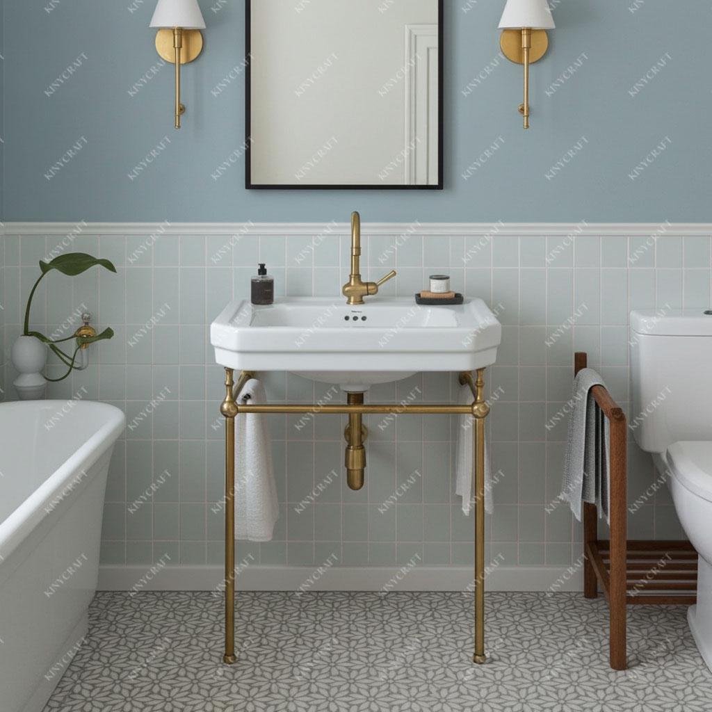 Wall-mounted brass console sink stand legs shown beneath a white ceramic basin.