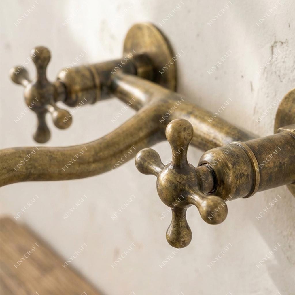 Solid unlacquered brass wall-mounted sink faucet installed above a white vessel basin.