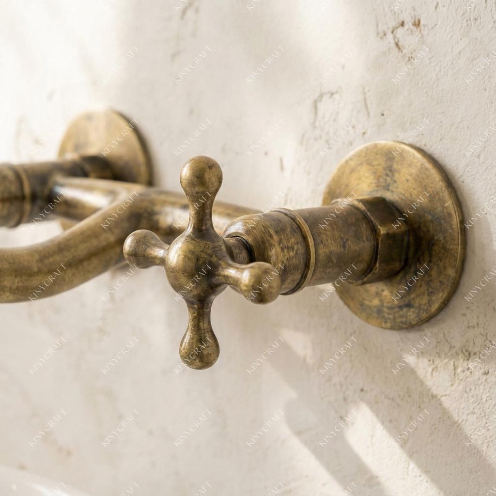 Luxury handcrafted brass wall faucet featuring decorative cross handles and elegant curved spout.