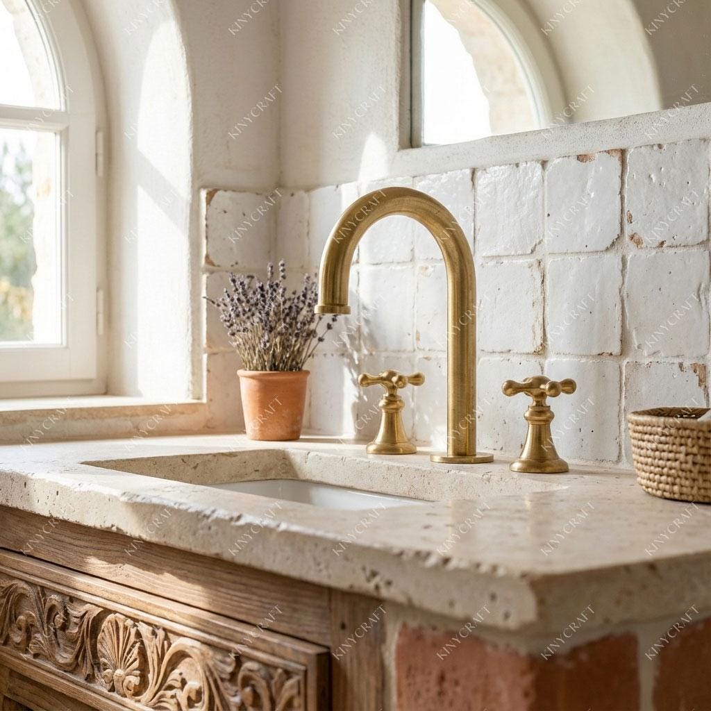 Vintage unlacquered brass vanity faucet for farmhouse bathroom