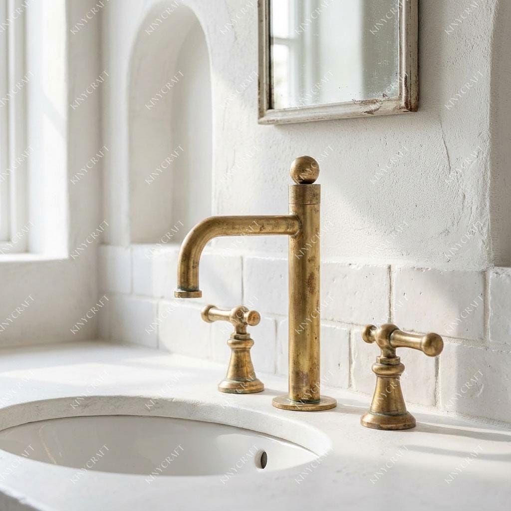 Traditional widespread bathroom faucet in solid unlacquered brass with cross handles.