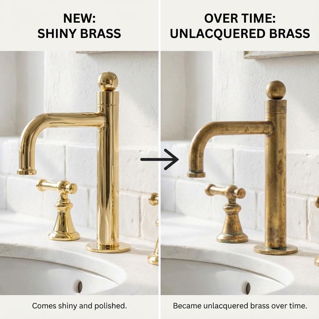 Handmade unlacquered brass vanity faucet installed on a wooden countertop.