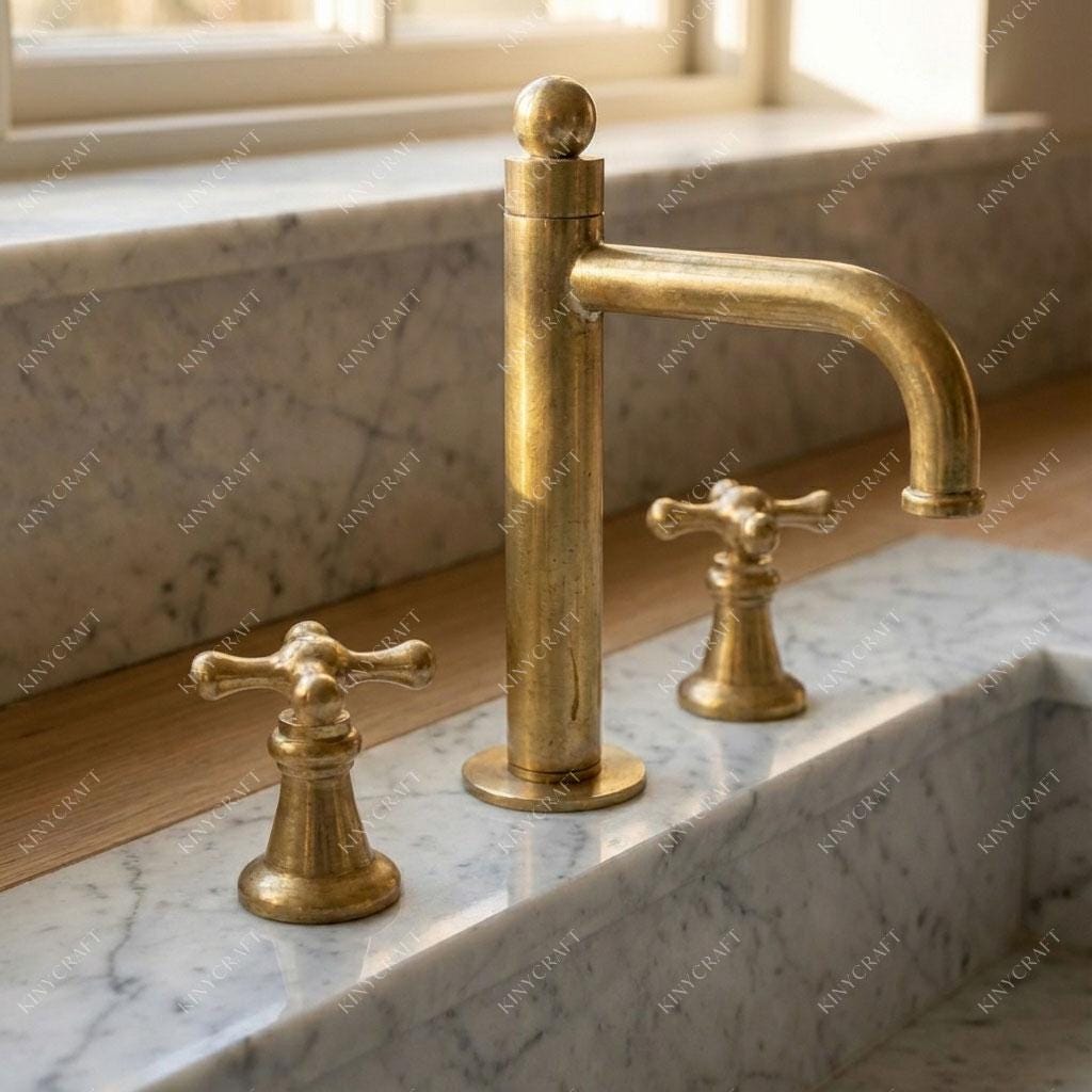 Handmade unlacquered brass vanity faucet with classic cross handles