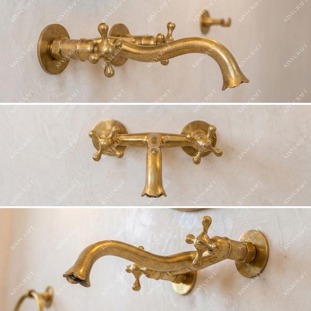 Classic unlacquered brass vanity faucet featuring elegant curved spout and dual cross handles.