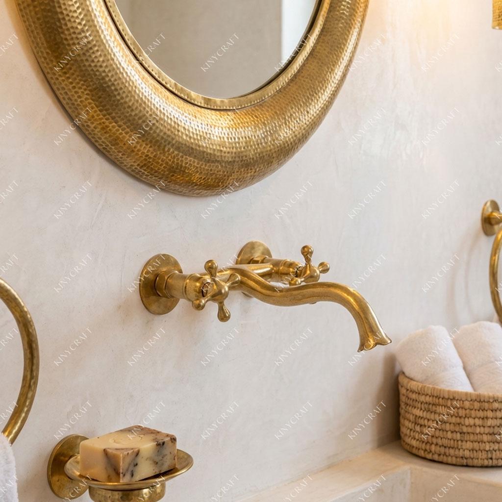 Traditional brass wall faucet designed for vessel sinks and custom bathroom vanities.