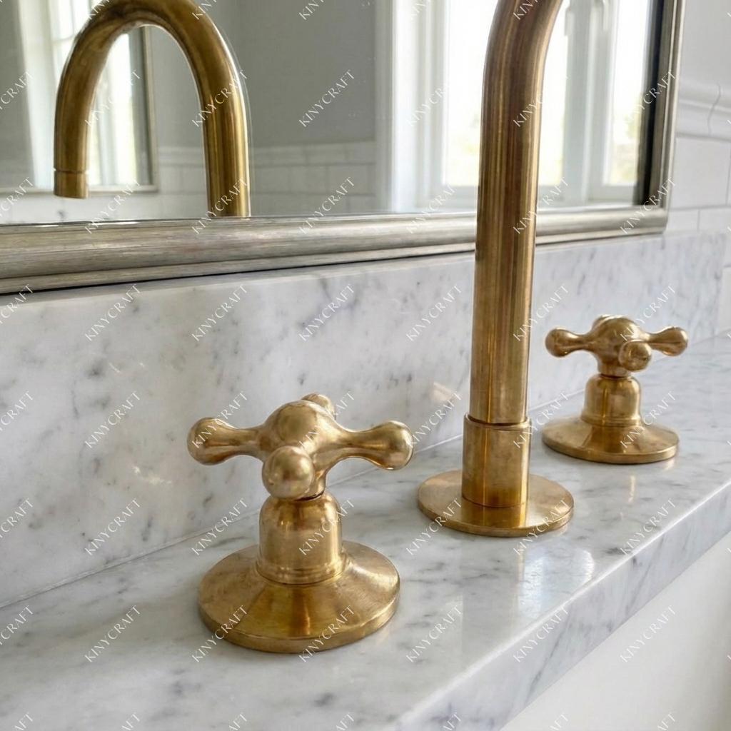 Traditional brass vanity faucet featuring separate cross handles and curved spout in luxury bathroom setting.