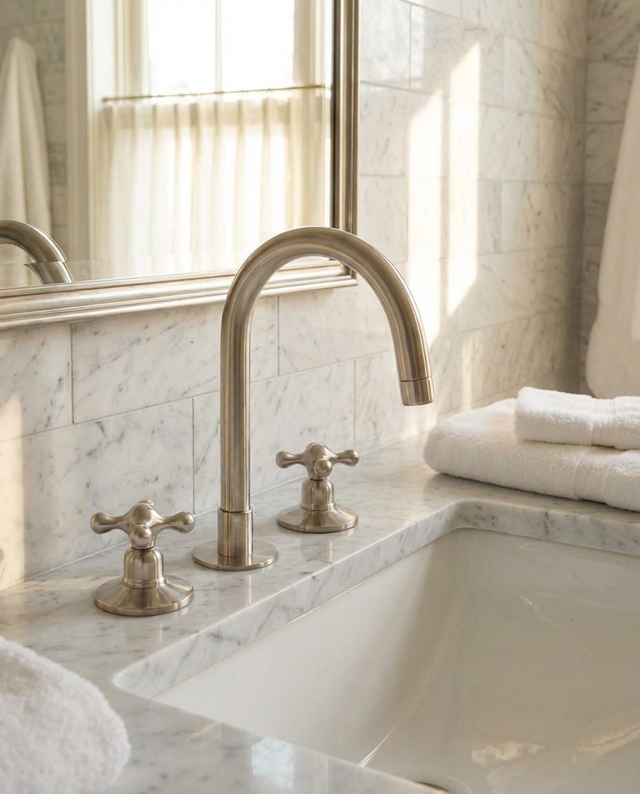 Vintage inspired unlacquered brass bathroom tap with elegant arch spout and dual cross handles.