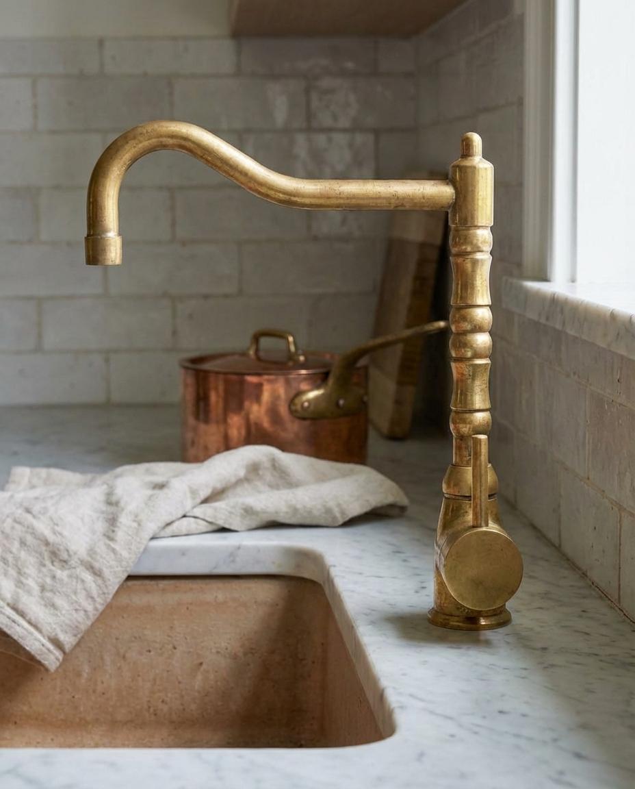 Handmade solid brass kitchen faucet with swan neck spout and side lever handle.