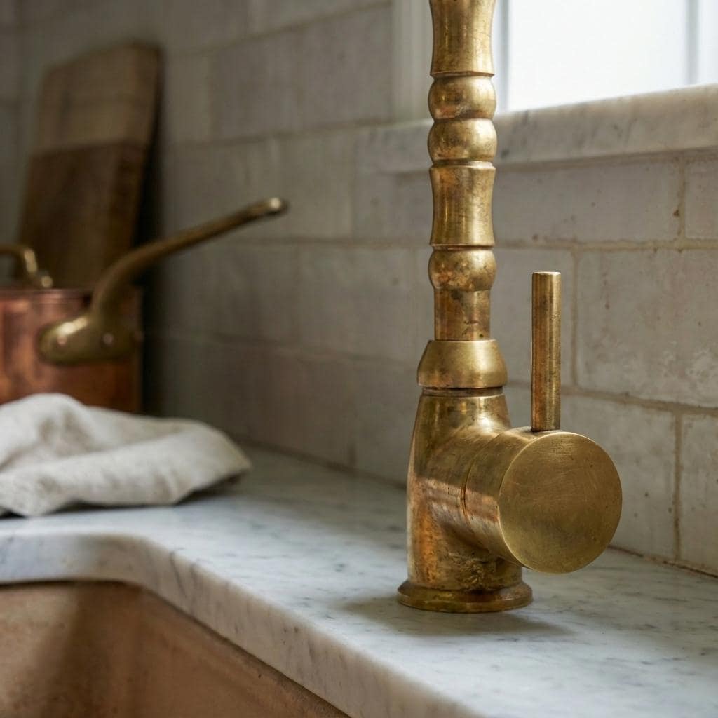 Traditional unlacquered brass sink faucet installed on a marble kitchen countertop.