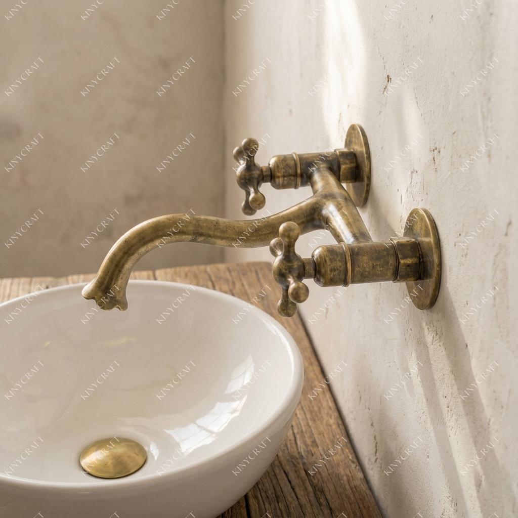 Traditional brass bathroom faucet with cross handles for countertop vessel sinks.