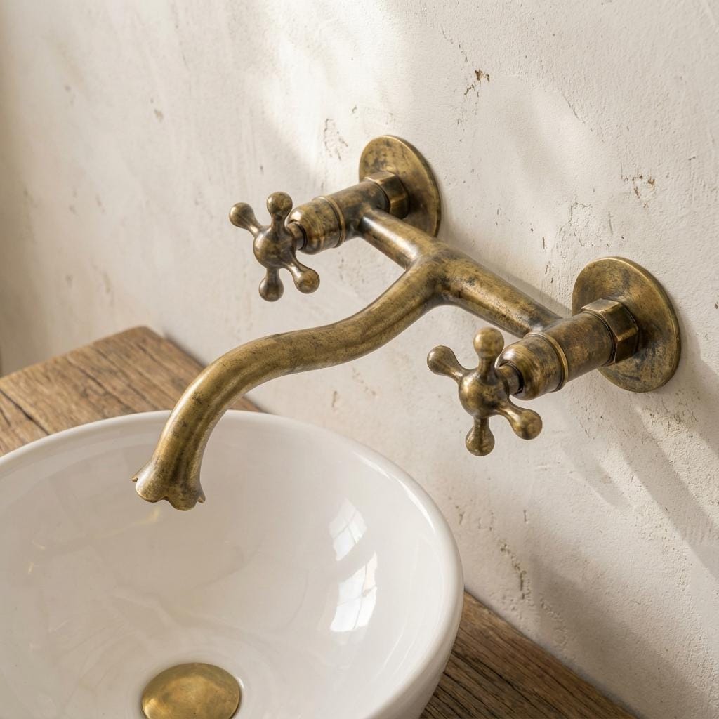 Handmade wall mount brass bathroom faucet with vintage cross handles and curved spout.