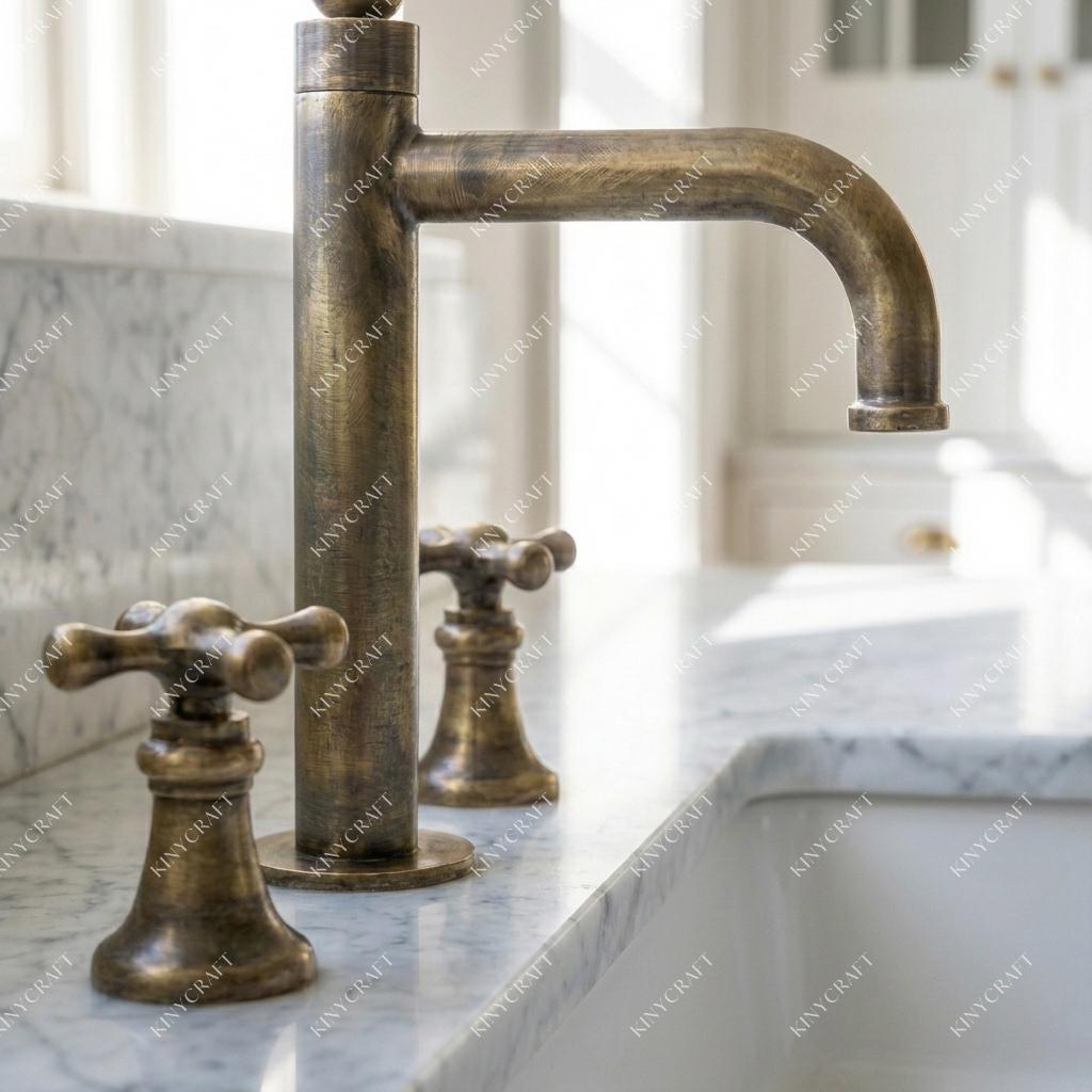 Vintage solid brass  bathroom faucet with cross handles and straight spout