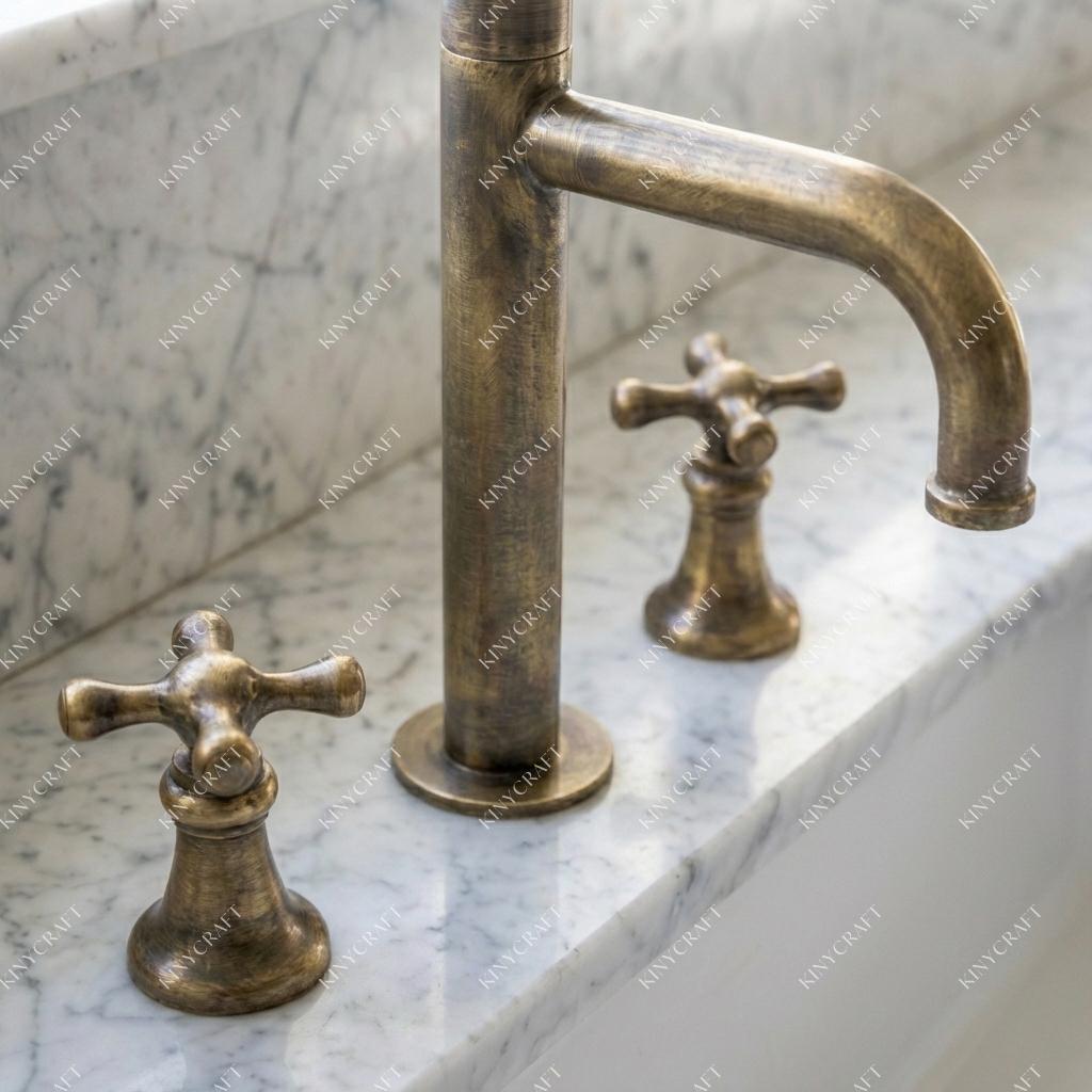 Traditional aged brass bathroom faucet with cross handles and marble countertop