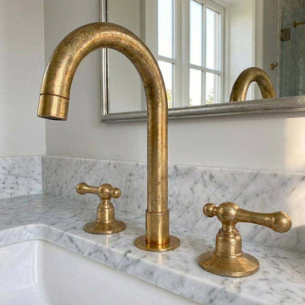 Unlacquered brass widespread bathroom faucet with tall curved spout and lever handles on marble vanity.