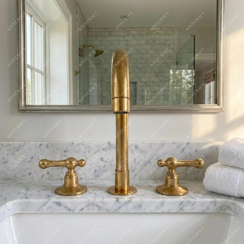 Solid unlacquered brass bathroom faucet installed on a wooden vanity with a classic three-hole design.