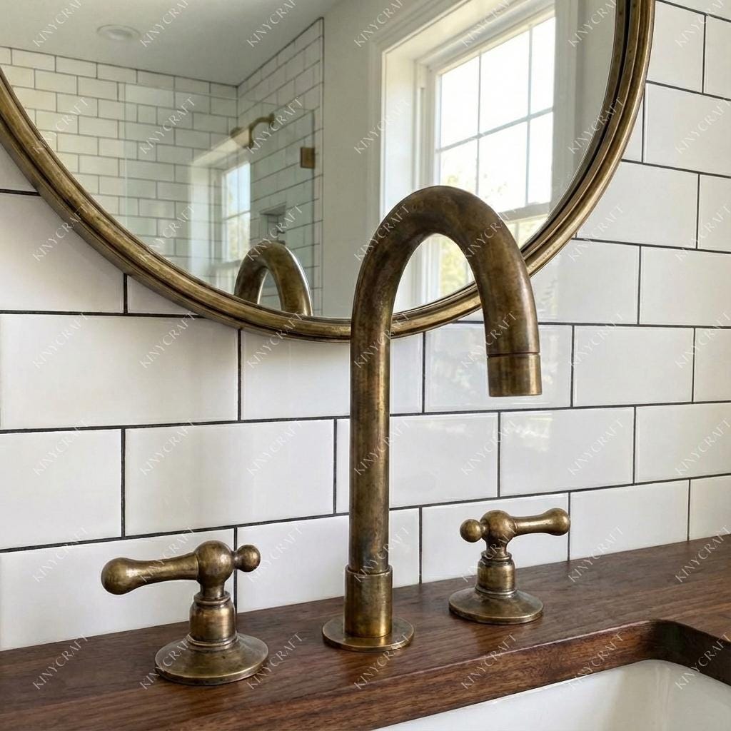 Vintage-inspired widespread brass faucet with curved spout for luxury bathroom vanities.