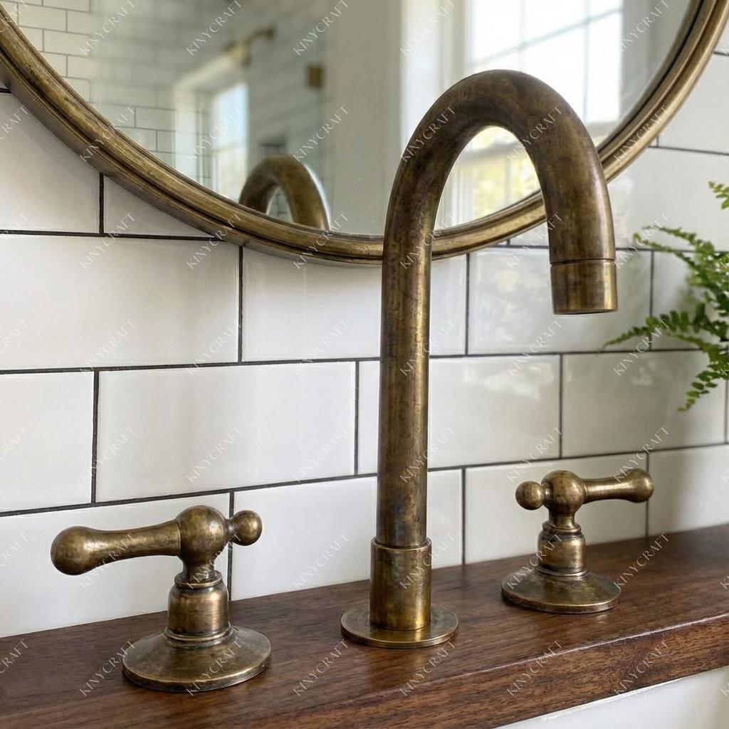 Traditional brass bathroom sink faucet with elegant gooseneck spout and dual lever handles.