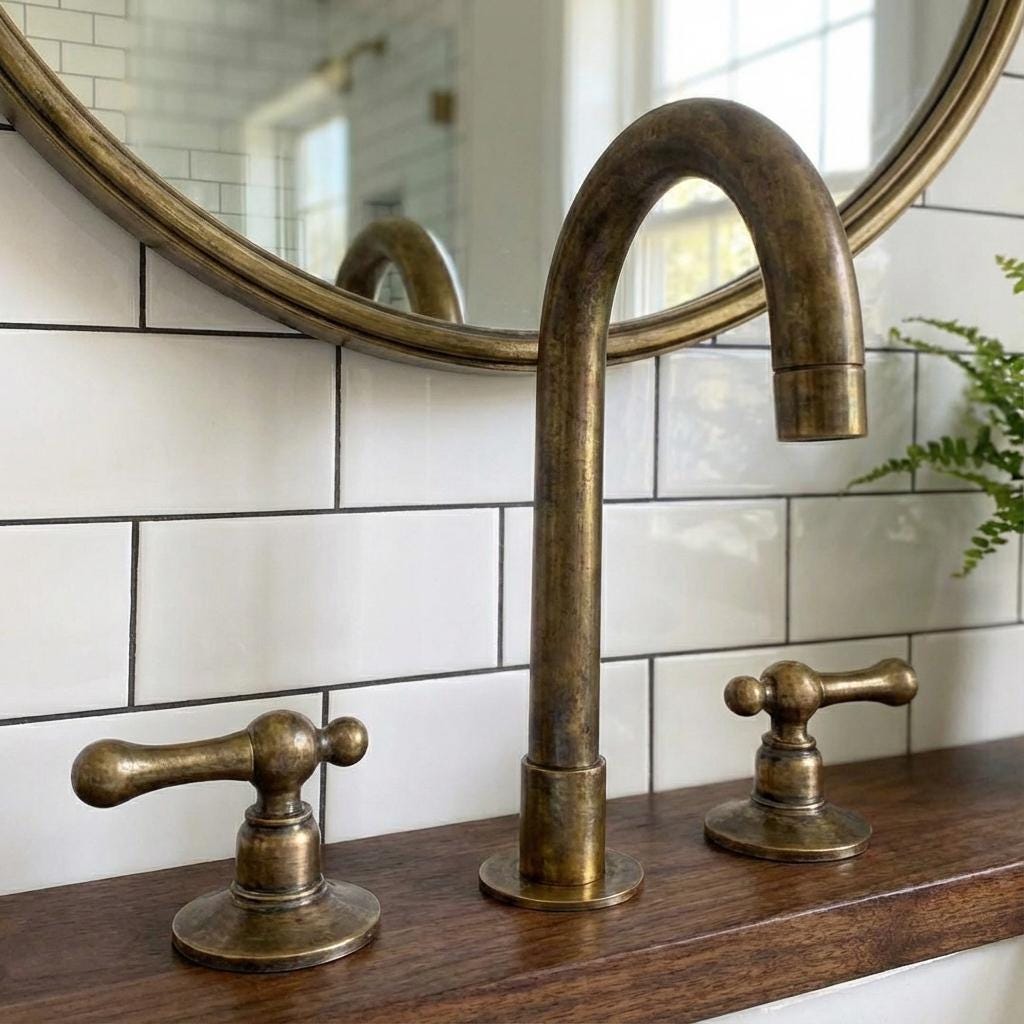 Handmade antique brass widespread bathroom faucet with high gooseneck spout and lever handles.