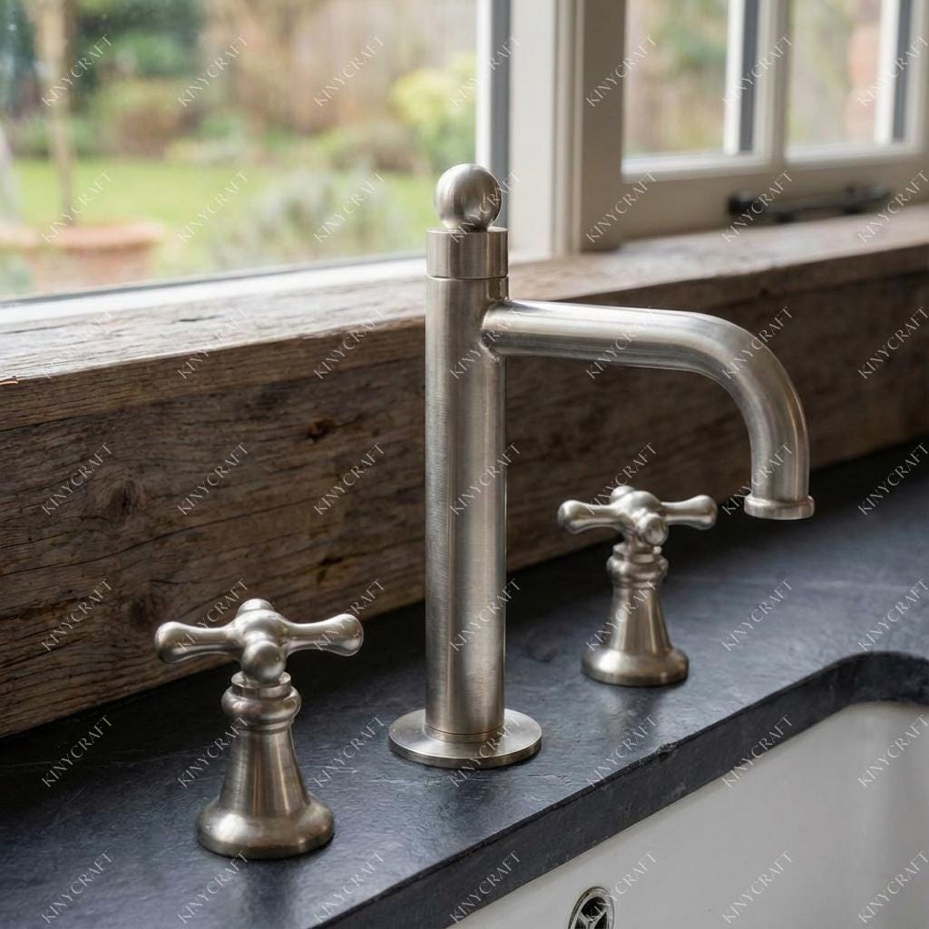 Solid brass brushed nickel vanity faucet with cross handles
